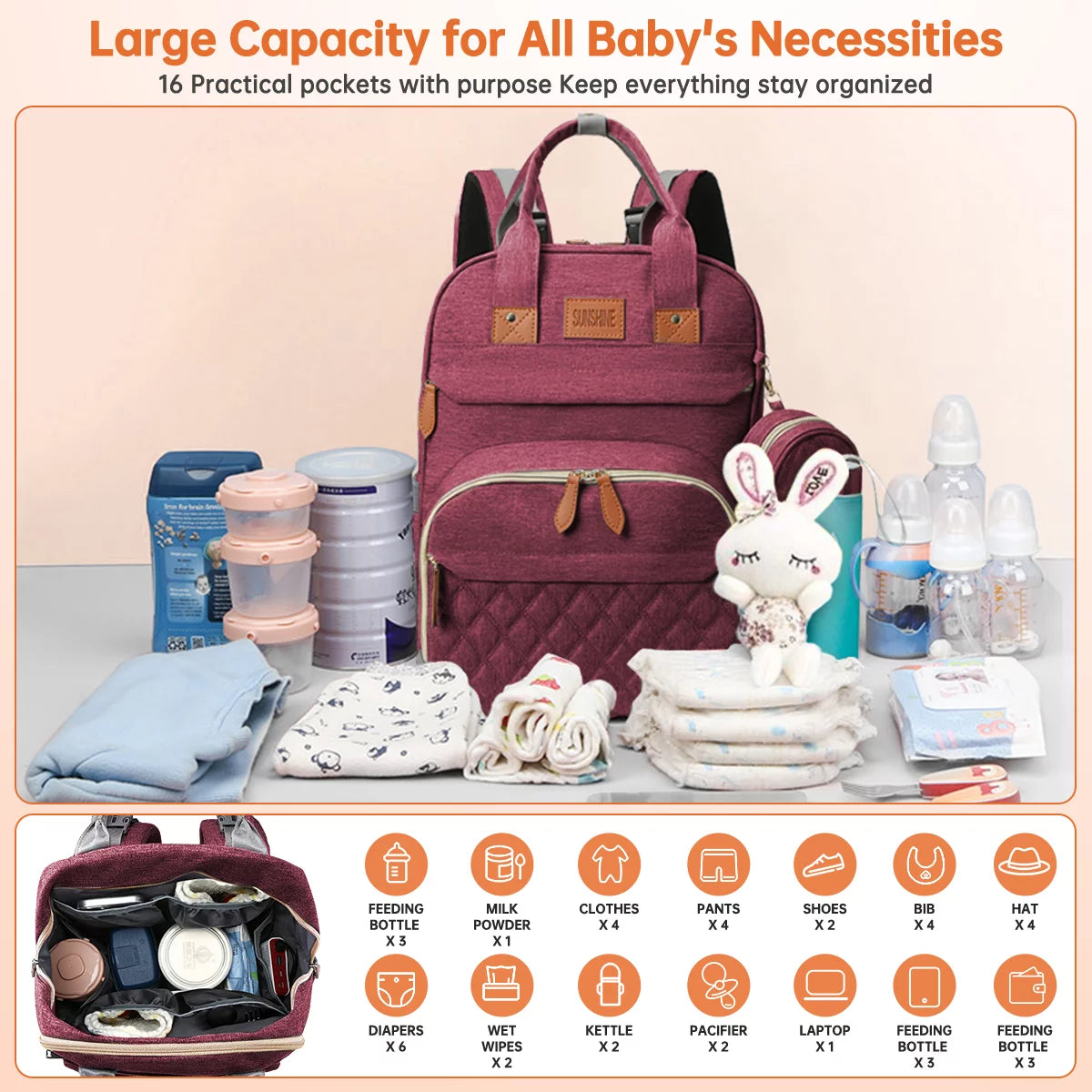 Diaper Bag Backpack, Multifunction Diaper Bag Backpack with Changing Station, USB Charging Port & Foldable Crib, Large Capacity Travel Backpack W/Sunshade&Pacifier Case&Stroller Straps(Red)