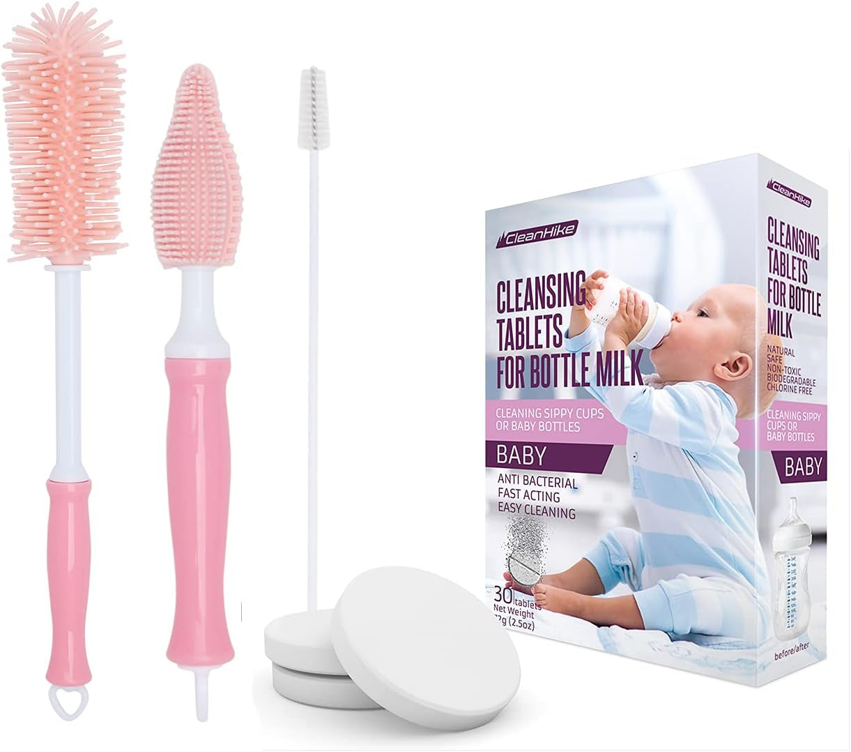 Pink (3) Baby Bottle Silicone Brushes and (30 Pack) Baby Milk Bottle Cleaning Tablets, Baby Water Bottle Tumbler Cleaner