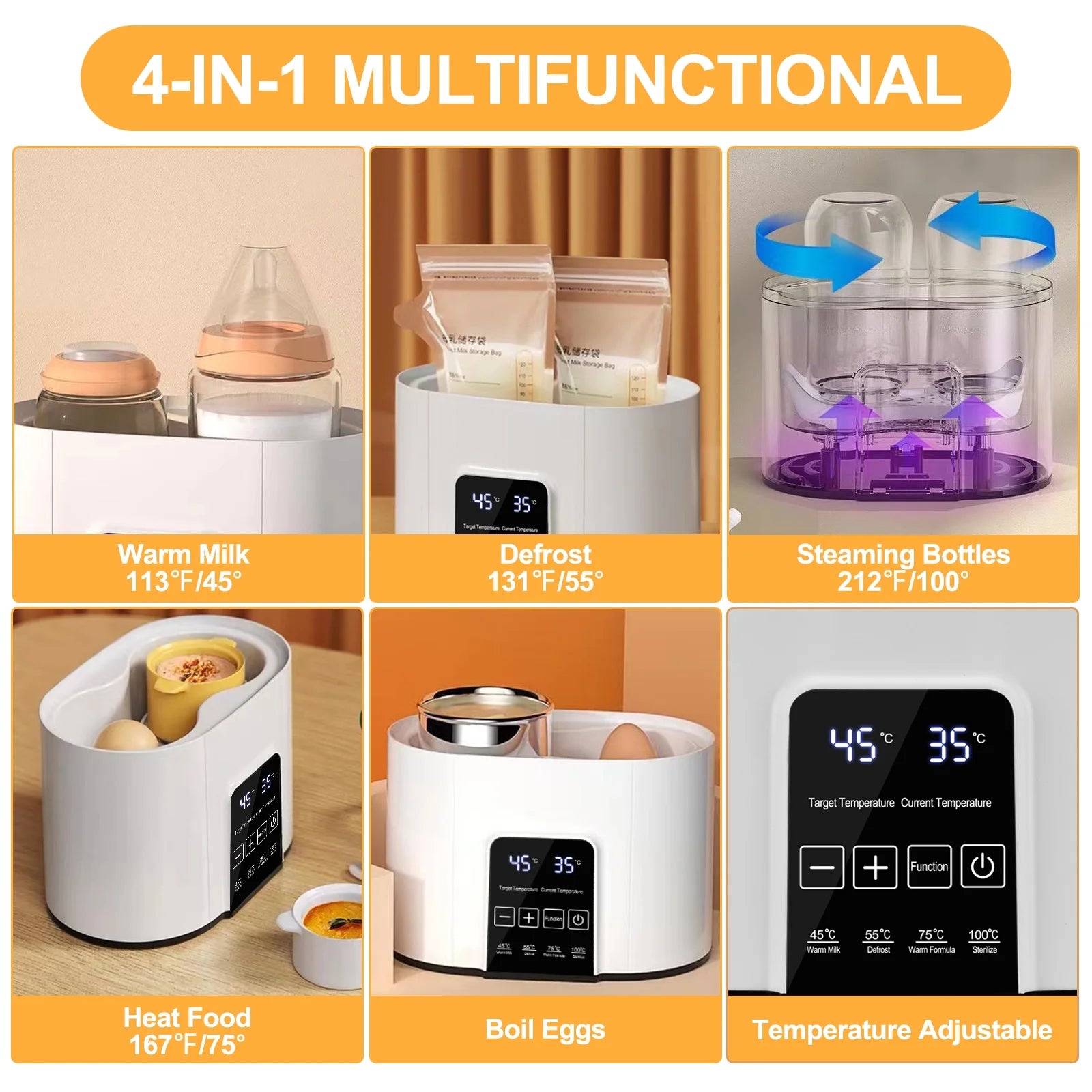 Baby Bottle Warmer,  4-In-1 Double Bottles Warmer & Sterilizer Fast Milk Warmer Babies Food Heater/Defrost with LCD Touch Display & 48H Accurate Temperature Control for Breastmilk/Formula