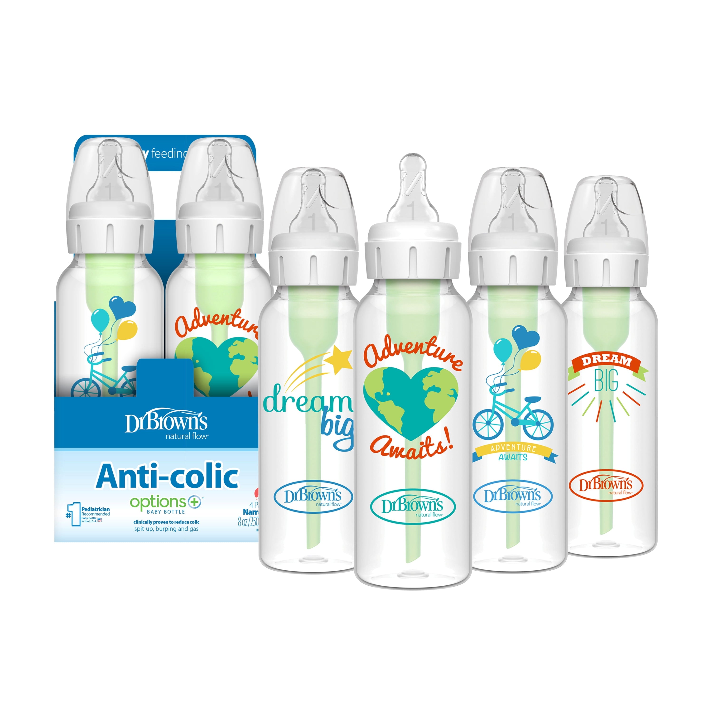 Anti-Colic Options+ Narrow Baby Bottle, Dream Adventure, 8Oz, 0M+, 4 Pack