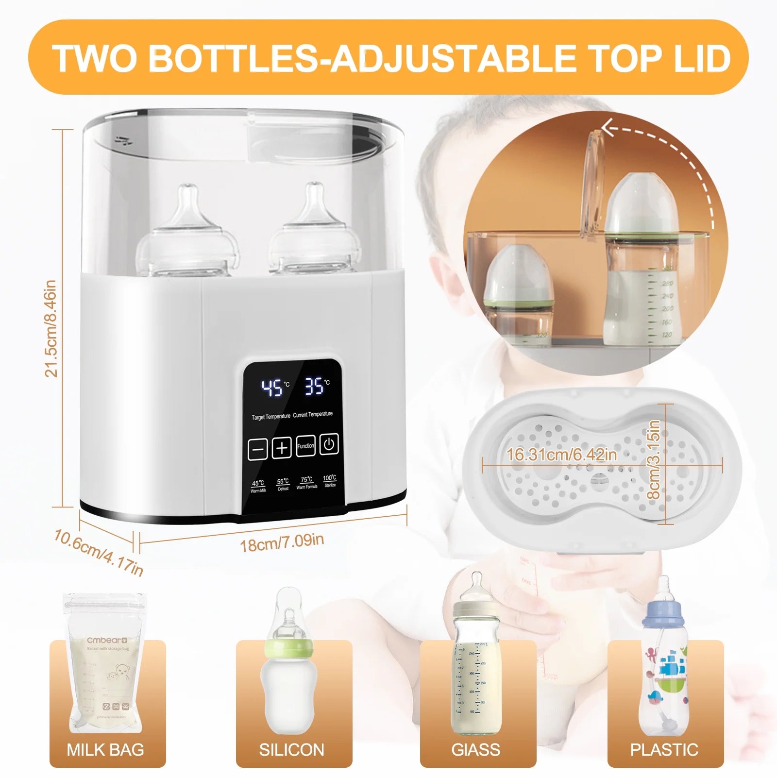 Baby Bottle Warmer,  4-In-1 Double Bottles Warmer & Sterilizer Fast Milk Warmer Babies Food Heater/Defrost with LCD Touch Display & 48H Accurate Temperature Control for Breastmilk/Formula