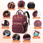 Diaper Bag Backpack, Multifunction Diaper Bag Backpack with Changing Station, USB Charging Port & Foldable Crib, Large Capacity Travel Backpack W/Sunshade&Pacifier Case&Stroller Straps(Red)