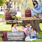 Diaper Bag Backpack, Multifunction Diaper Bag Backpack with Changing Station, USB Charging Port & Foldable Crib, Large Capacity Travel Backpack W/Sunshade&Pacifier Case&Stroller Straps(Red)